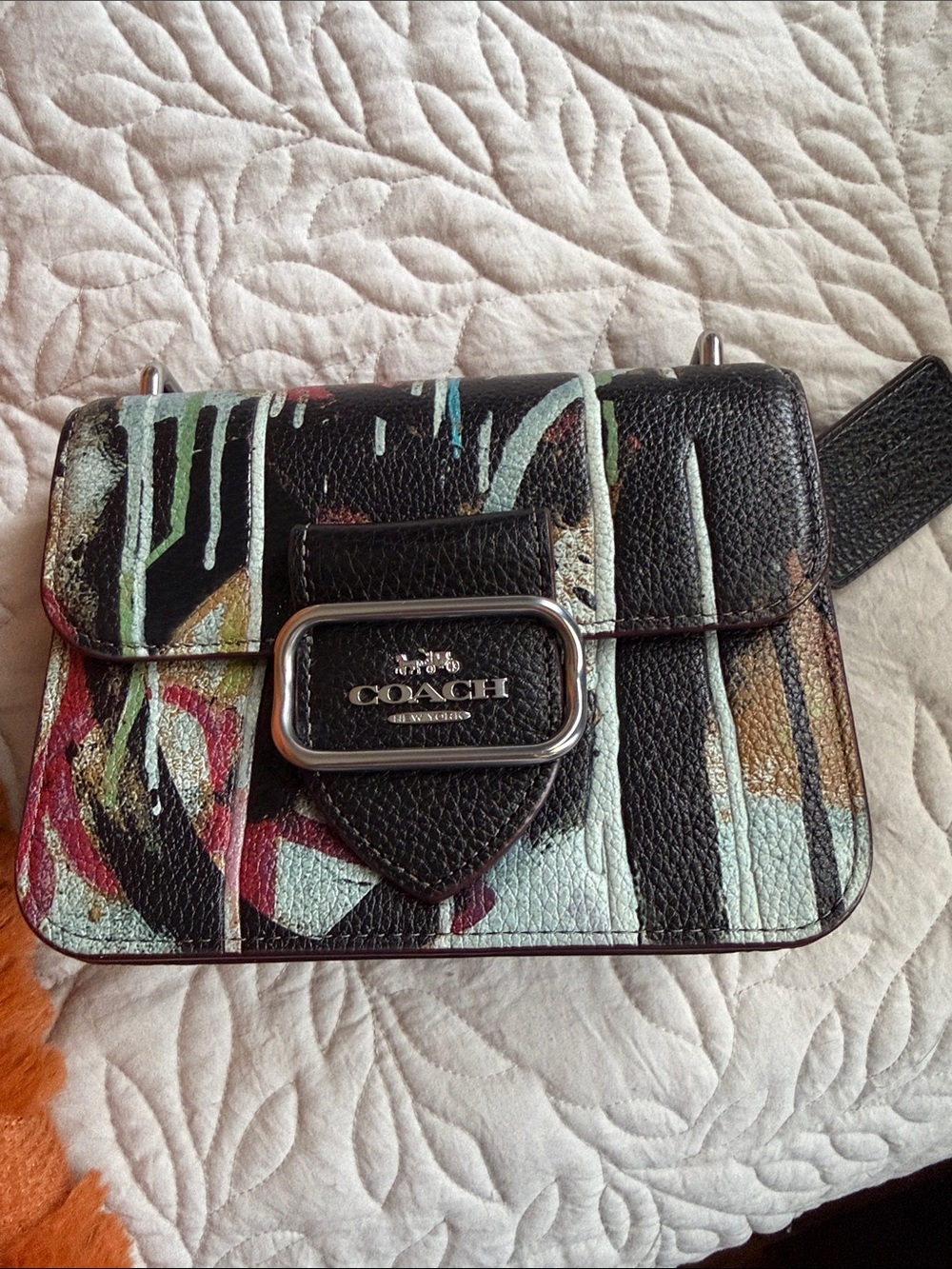 COACH Black Leather Crossbody with Multicolor Brushstroke Accents